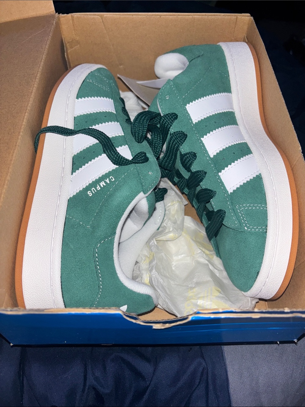 adidas Campus Suede Sneakers in Green and White with Gum Sole